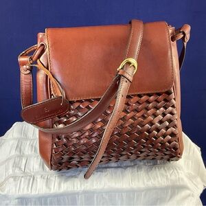 Etienne Aigner Elegant Reddish Brown Woven Leather Crossbody Bag Gold Buckle